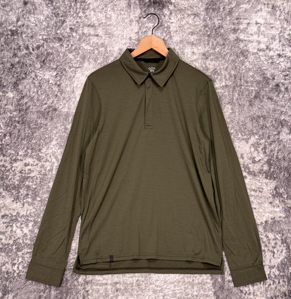 QOR Polo Shirt Small Mens Green Merino Wool Blend Long Sleeve